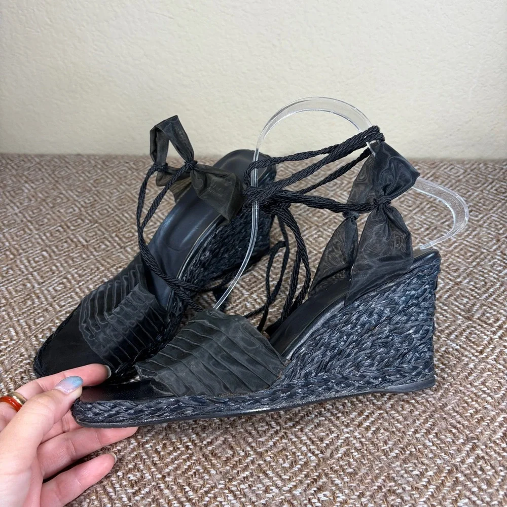 Stuart Weitzman Black Espadrille Wedge Ties Around Ankle Sandals Sz 7B Event